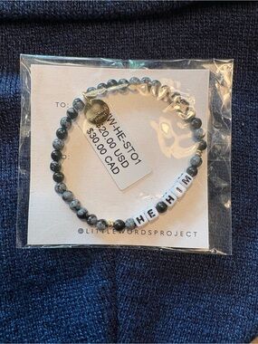 6/$20 Little Words Project HE/HIM Beaded Bracelet in Gray and White NWT